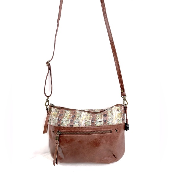 The Sak Handbags - The Sak Brown Leather Green Gray Random Print Small Crossbody Bag Purse Bronze